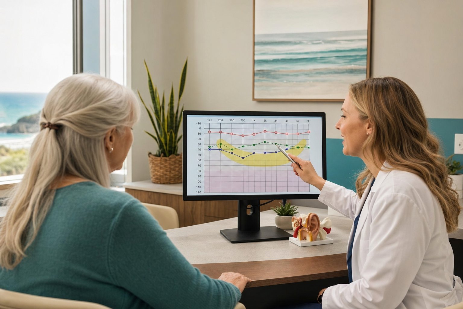 Audiologist reviewing an audiogram with a patient at Coastal Hearing Care