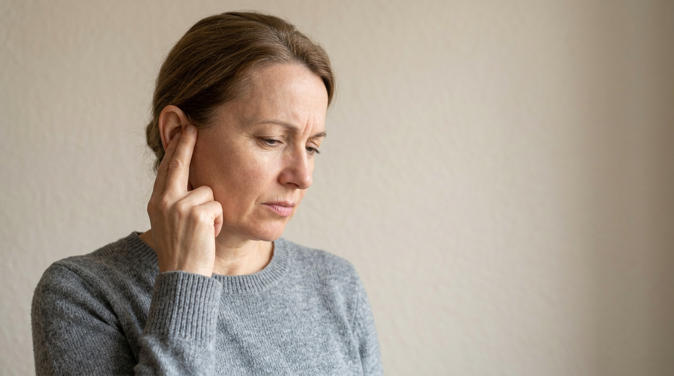 Person touching their ear with a pained expression, illustrating tinnitus discomfort.